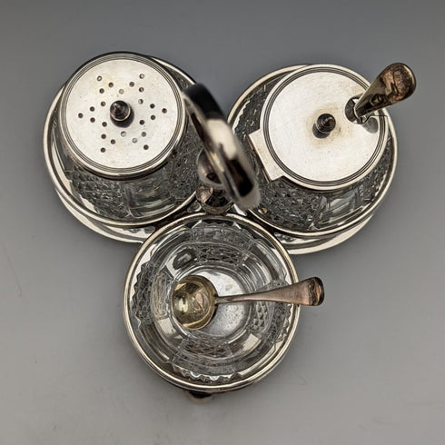 1902年頃 英国アンティーク 純銀&カットグラス 調味料入れセット 366g ELKINGTON & Co